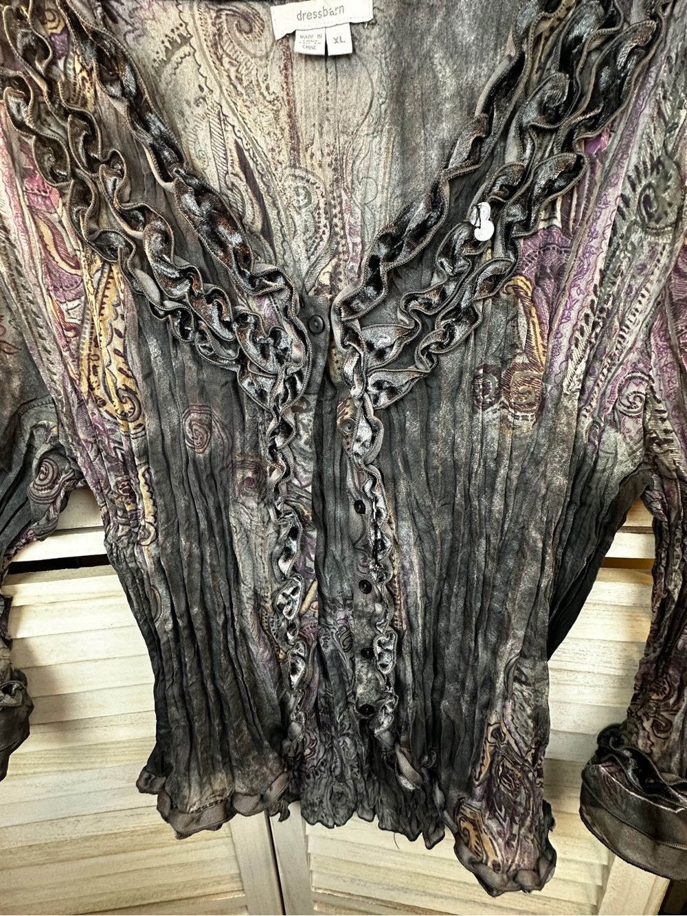 Vintage Crinkle Ruffled Sheer Gray & Purple Paisley Long Bell sleeve top XL Y2K - Picture 9 of 12